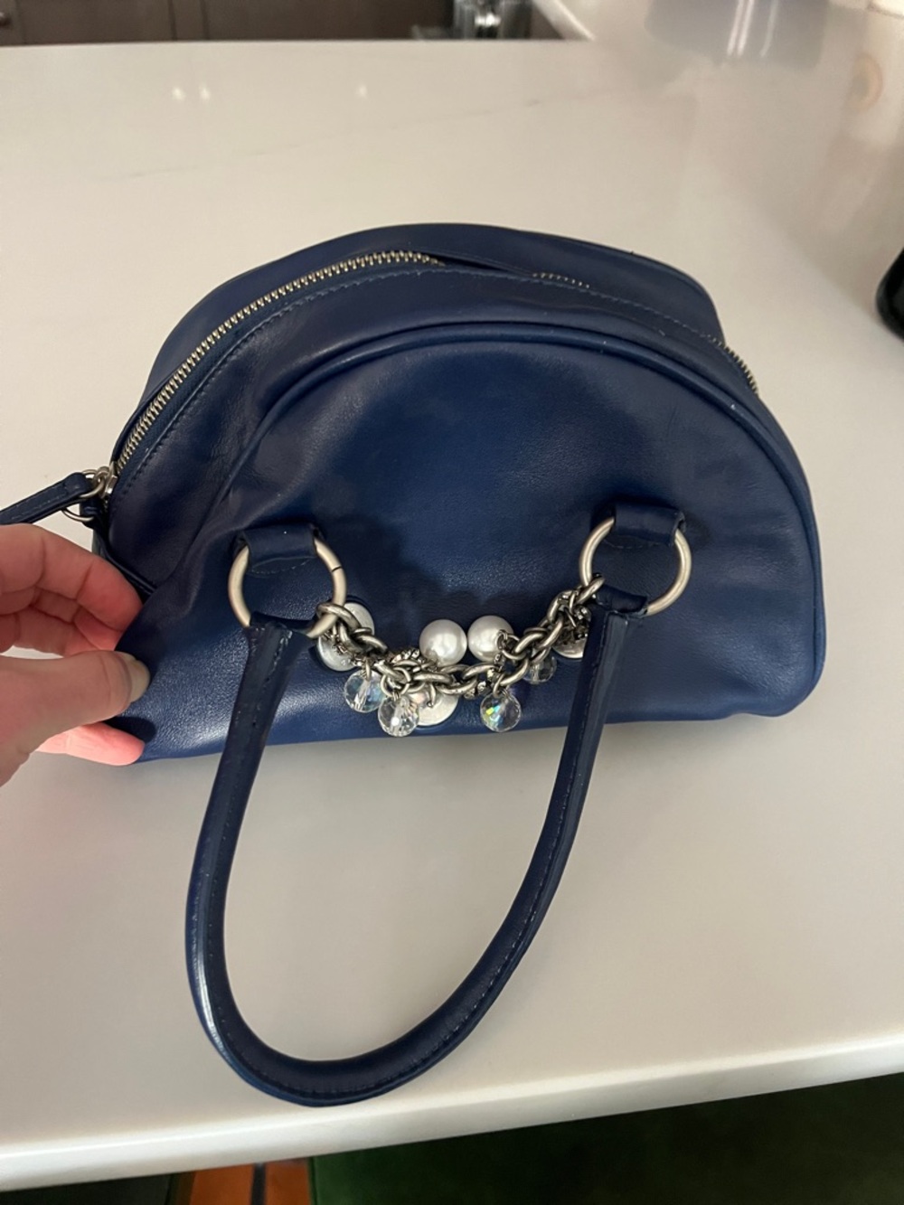 Cynthia Rowley Navy Leather Satchel with Pearl & Chain Charm